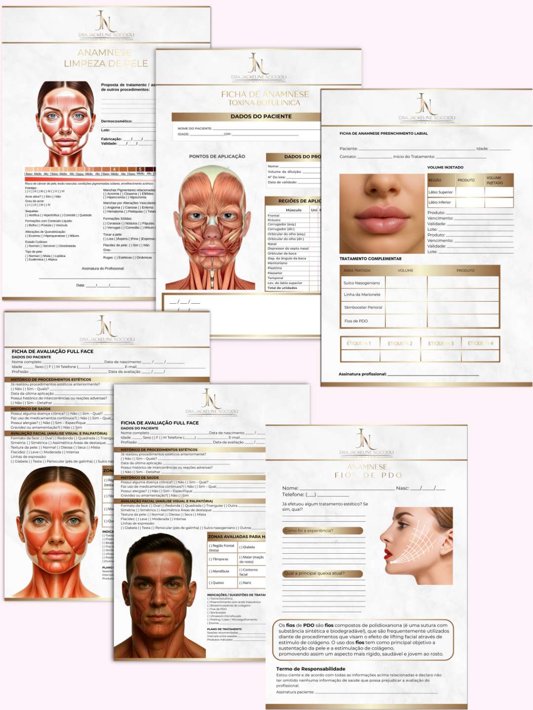 Documentos estéticos profissionais do Mini Kit Minimale: fichas de anamnese, avaliação facial e termos de responsabilidade